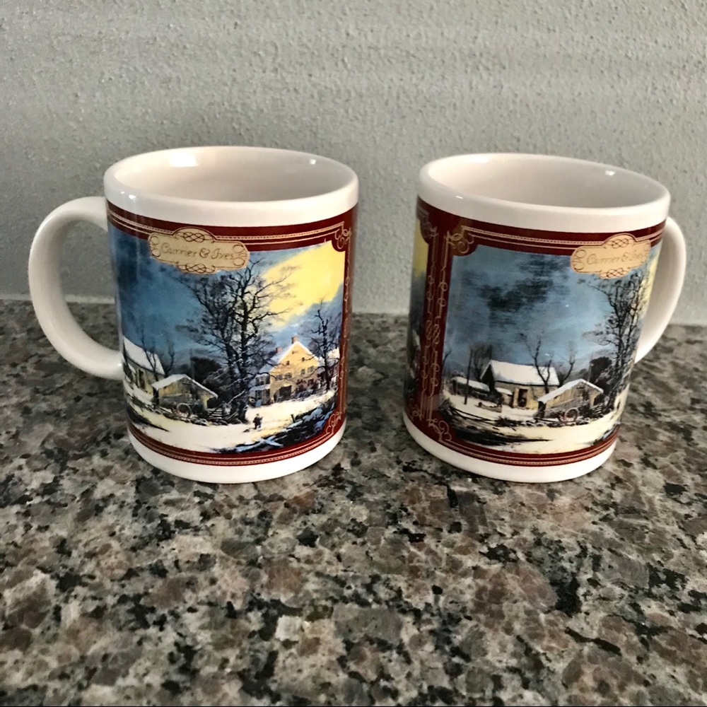Currier & Ives Winter Farm House Scene Coffee cups